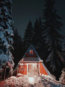 A tringle shaped house in a snow forest